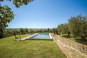 A rectangular swimming pool with a stone border, surrounded by a grassy area and trees.