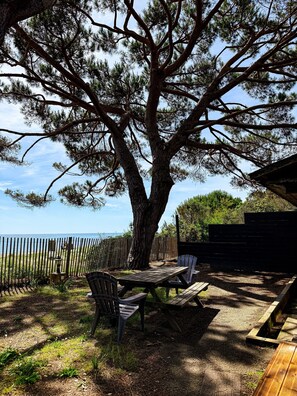 A large tree with a picnic table and chairs in a grassy area with a view of the sea.