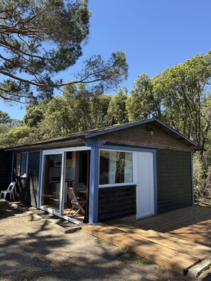 A small cabin with a sliding glass door, a deck, and a clear view of the surrounding forest.