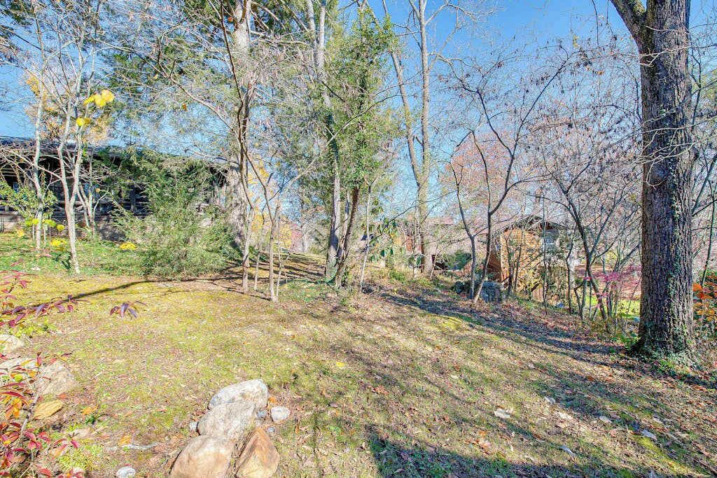 A natural outdoor area with trees, a grassy path, and a stone structure.