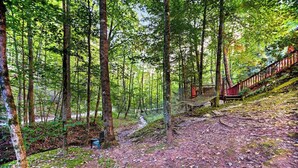 Ein bewaldetes Gebiet mit einer Holztreppe, die zu einer Plattform führt.