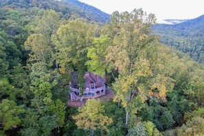 A secluded cabin surrounded by dense forest, with a prominent porch and multiple windows. - Secluded cabin with mountain views, fire pit & billiards (Sylva)