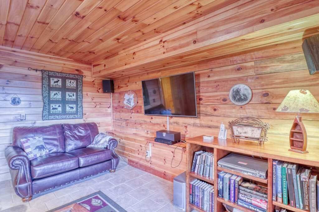 A wooden cabin interior with a leather sofa, a television, a bookshelf, and a fireplace.