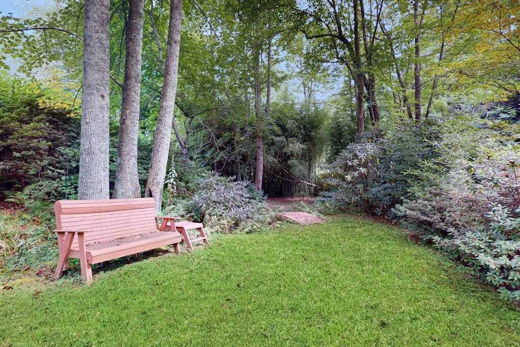 A wooden bench in a grassy area surrounded by trees and shrubs.