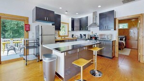 A modern kitchen with a central island, stainless steel appliances, and a view to the outside. - Dog-friendly downtown retreat with 2 kitchens & large fenced yards (Brevard)