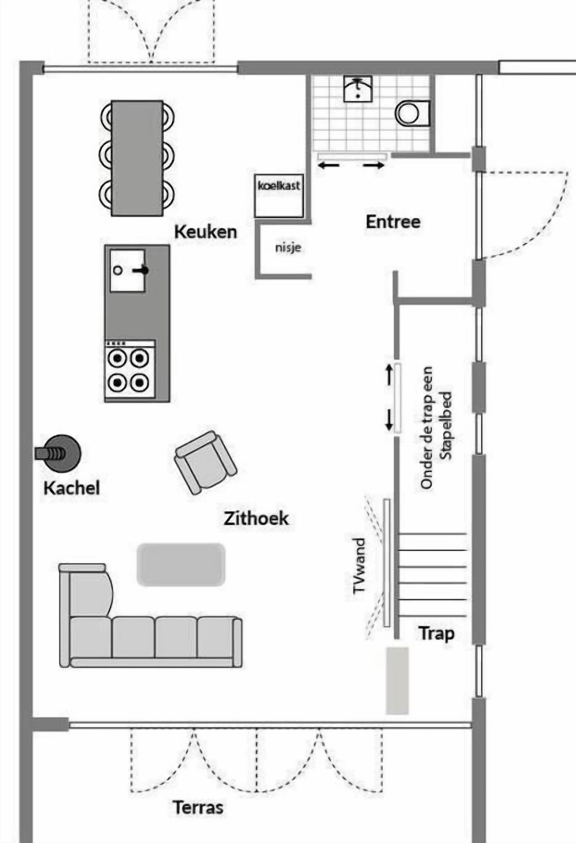 Distribución de una habitación de hotel con kitchenette, baño privado, televisor, mueble para televisión y sofá.