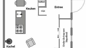 A hotel room layout with a kitchenette, ensuite bathroom, TV, TV stand, and a sofa. - Lennepserf - De Hoeven (Veessen)