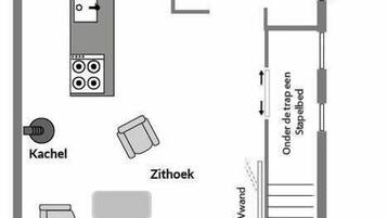 Indeling van een hotelkamer met kitchenette, eigen badkamer, televisie, tv-meubel en een bank.