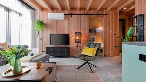 A modern living room with a sofa, a coffee table with a vase, a TV, and a chair with a cushion. - Lennepserf - De Hoeven (Veessen)