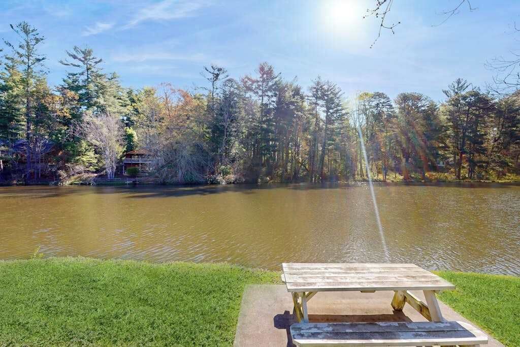 Une table de pique-nique au bord d’un lac, avec des arbres en arrière-plan.