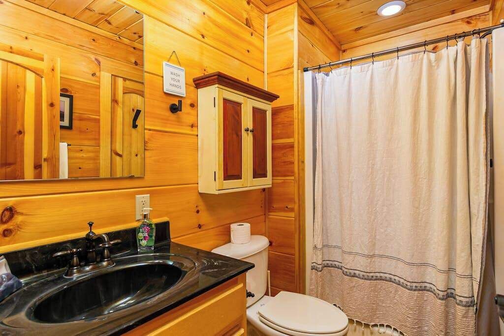 A wooden cabin bathroom with a sink, toilet, cabinet, and shower curtain.