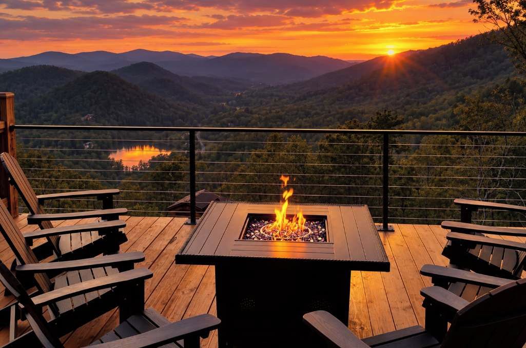 En træterrasse med bålsted og Adirondack-stole med udsigt over et bjerrelandskab.