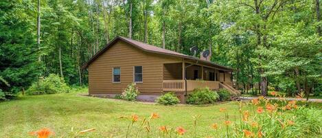 A cabin with a porch, surrounded by a forest and blooming flowers.