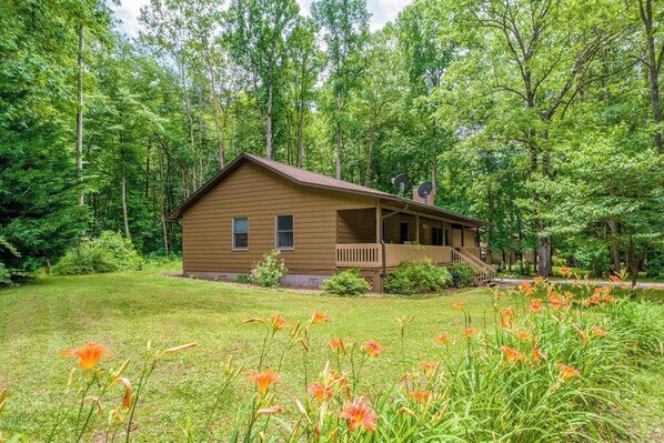 Eine Hütte mit Veranda, umgeben von einem Wald und blühenden Blumen.