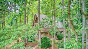 A cabin surrounded by dense forest, with a wooden deck and a stone pathway leading to the entrance. - Chalet at Peek's Creek (Franklin)