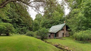 A rustic log cabin with a green roof, surrounded by lush greenery and a well-maintained lawn. - Crackerbox Palace (Sylva)