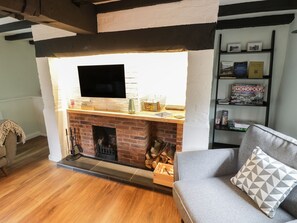 Uma sala de estar com lareira, televisão de tela plana, estante de livros e sofá cinza.