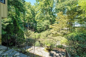 Eine steinerne Treppe führt zu einem üppigen Garten mit dichten Bäumen und einem Metallgeländer.