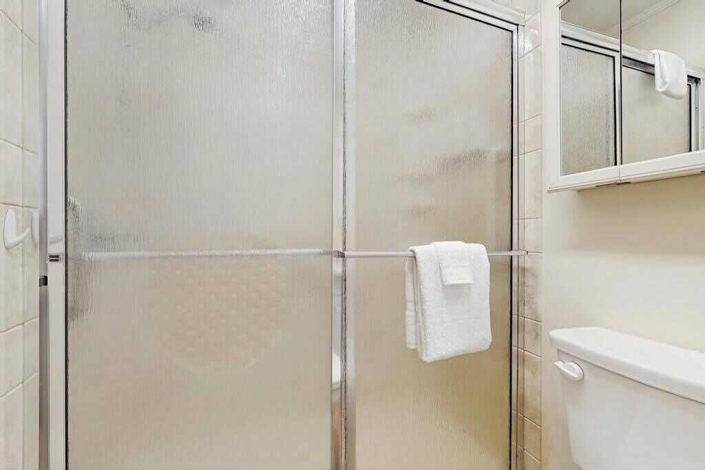 Ein Badezimmer mit Duschkabine aus Glas, einer weißen Toilette und einem Spiegel über dem Waschbecken.