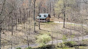Une cabane située dans une zone boisée, accessible par un sentier de terre.