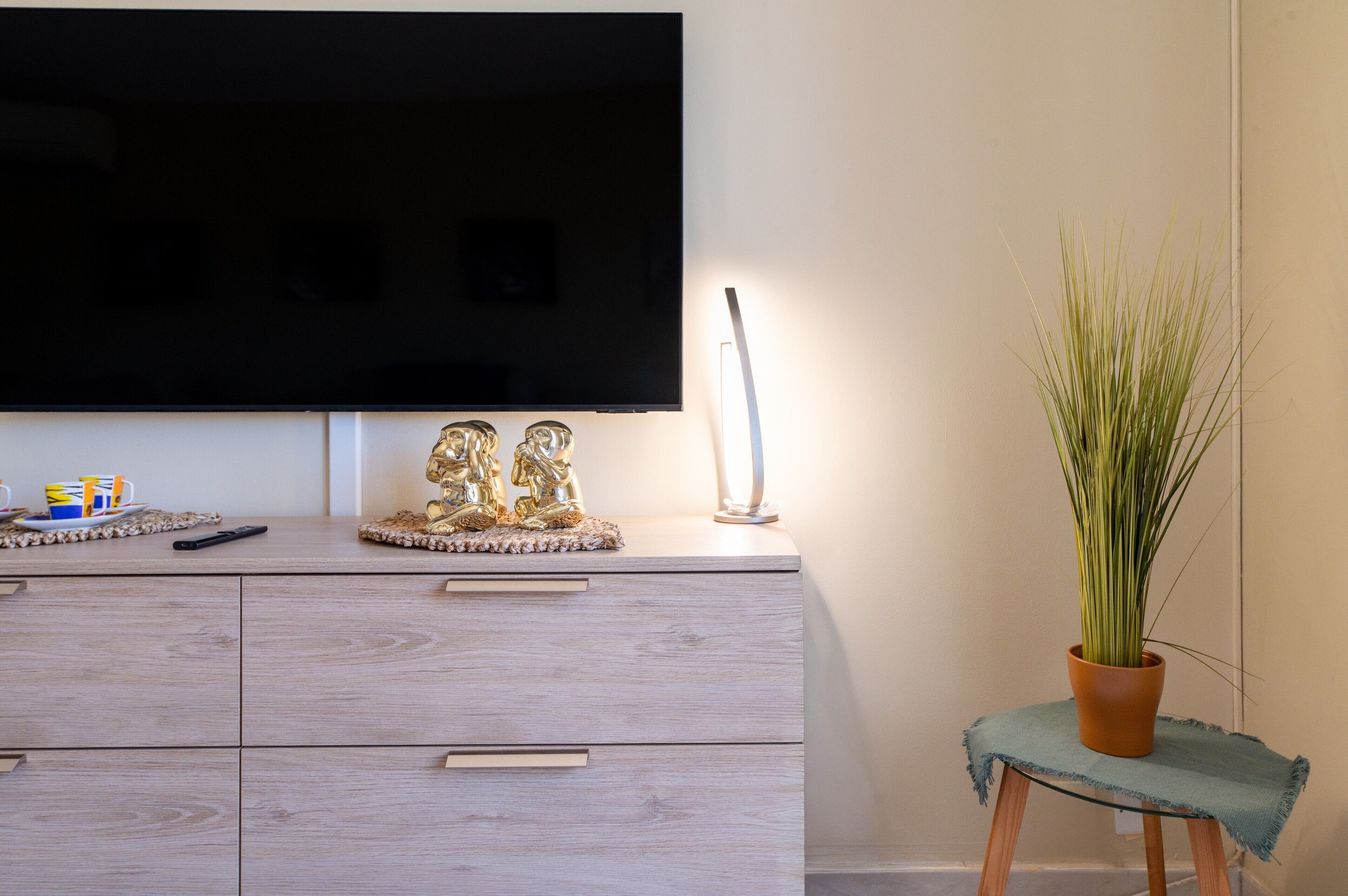 Televisão de tela plana presa na parede, uma mesinha com uma planta em vaso e um objeto decorativo sobre a mesa.