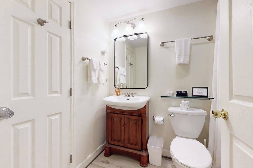 A bathroom with a white sink, a mirror, a toilet, and a trash bin.