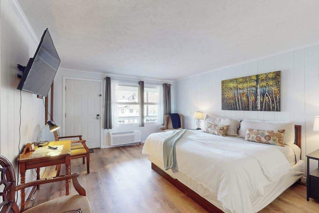 Una camera da letto con un letto, una scrivania, una sedia, una televisione e un quadro appeso al muro.