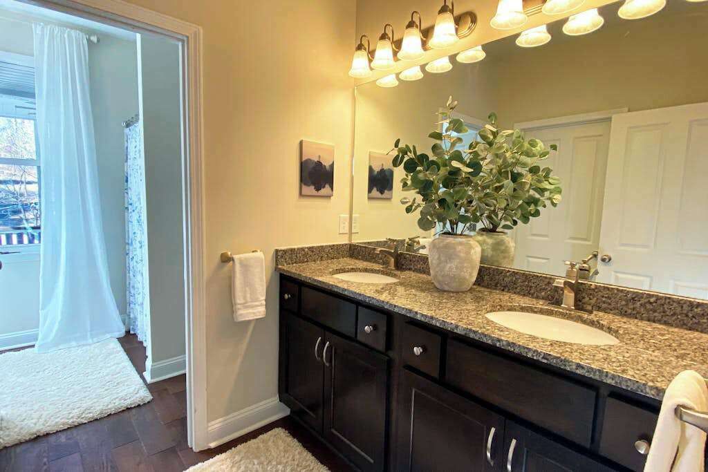 A bathroom with a double sink, dark cabinets, a large mirror, and a potted plant.
