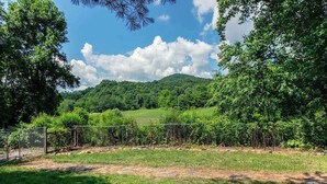 Un espace extérieur clos, avec une pelouse, des arbres et une colline en arrière-plan.