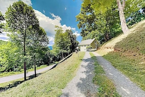 Eine ländliche Straße führt zu einem von Bäumen umgebenen Haus.