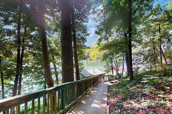 A wooden deck with a railing, surrounded by tall trees and a body of water.