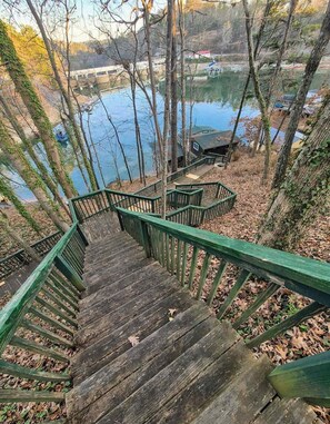 A wooden staircase with green railings leading to a dock by a body of water, surrounded by trees.