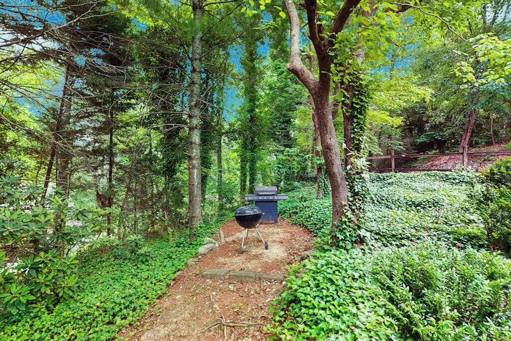 A forested area with a dirt path, a grill, and a trash bin.