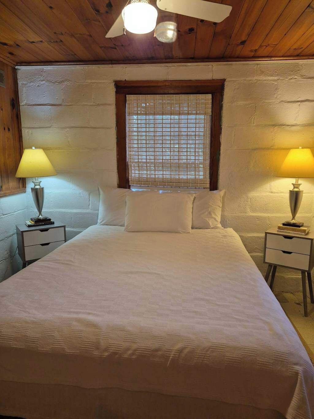 A bedroom with a bed, two bedside tables, a window with blinds, and a ceiling fan.
