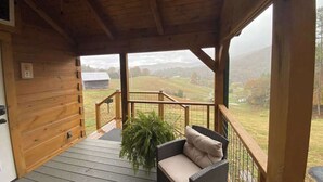 Un portico in legno con un divano in vimini e una pianta in vaso.