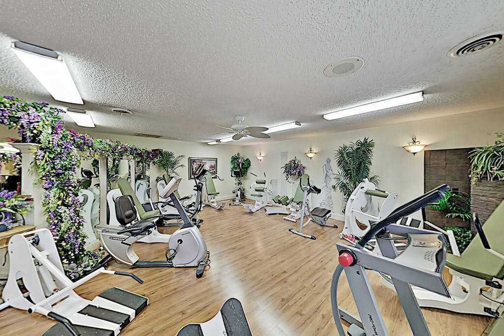 A gym with exercise equipment, wooden flooring, ceiling fans, and wall-mounted plants.