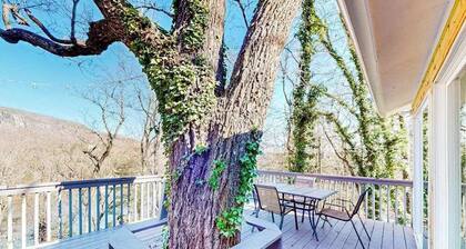 Tree-lined lake view abode with large deck, modern interior, board games, & W/D