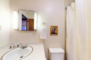 A bathroom with a sink, toilet, and a shower curtain. - Morris Villa Lower (Lake Junaluska)