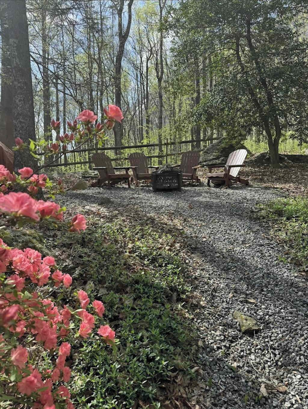 A forested area with outdoor seating and a fire pit.