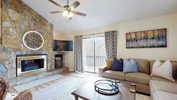 TV, fireplace, DVD player, foosball