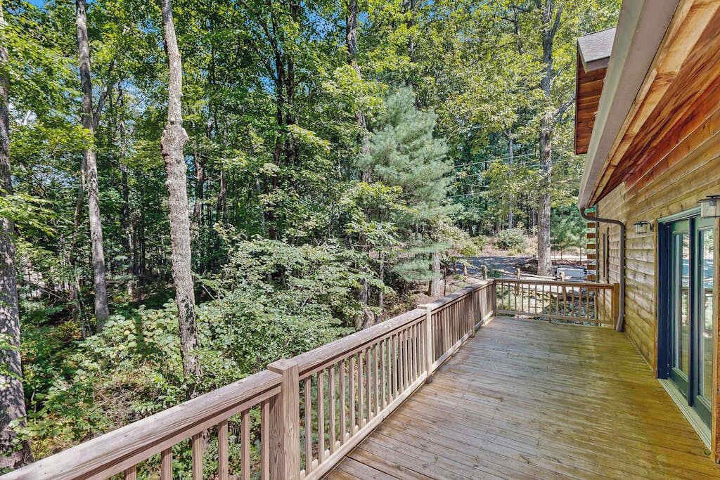 A wooden deck with a railing, surrounded by dense forest.