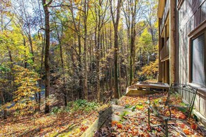 A forested area with a bench and a building. - Mountain-view condo with pools, hot tub, sauna, tennis, game room, & balcony (Sapphire)
