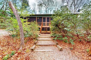 Eine Holztreppe führt zu einer Hütte mit einem grünen Dach, umgeben von Bäumen und Grünpflanzen.