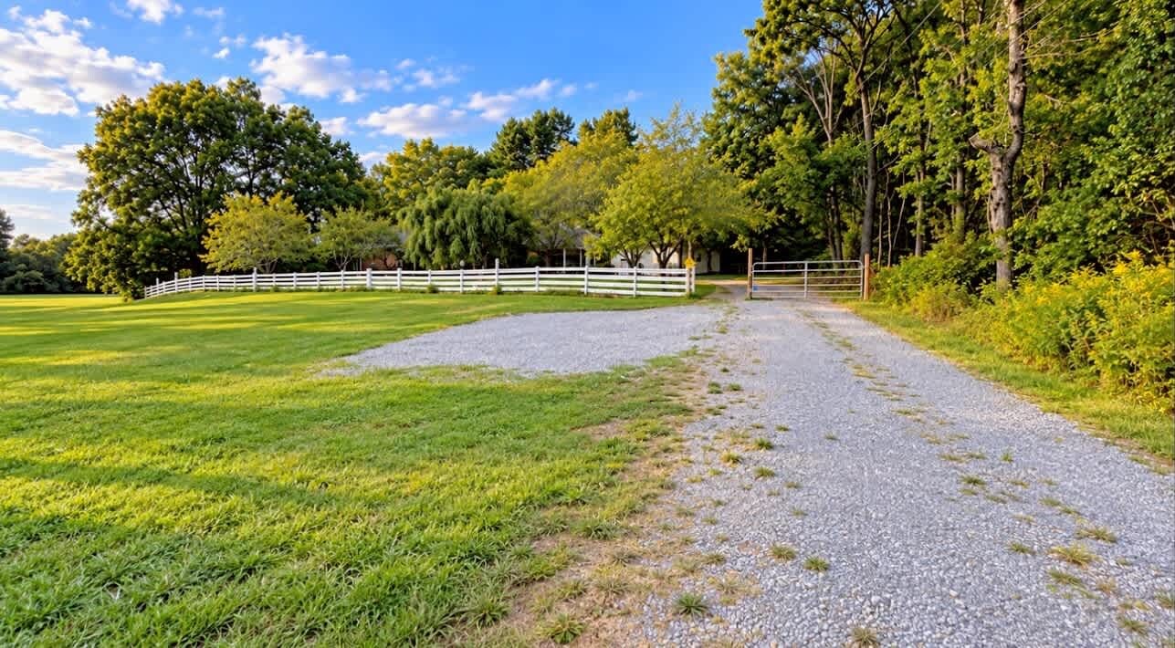 Gravel drive leading to parking area and rental property.