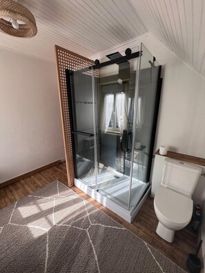 Een moderne badkamer met een douchecabine van glas, een wit toilet en een vloerkleed met dessin.