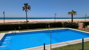 Ein Pool mit Blick auf Strand und Palmen.