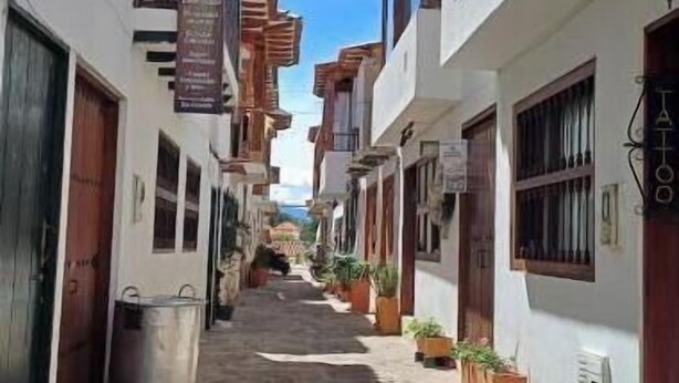 A narrow street with buildings on either side, some with balconies and potted plants. - Apartment a few steps from the main square  (Villa de Leyva)