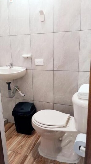 Een badkamer met toilet, wastafel en een zwarte prullenbak.