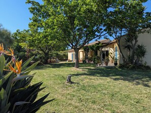 Ein Garten mit Baum, einem kleinen Gebäude und einer Terrasse.