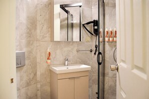 Habitación doble Deluxe | Baño | Regadera, secadora de cabello, toallas, jabón 